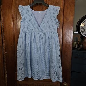 Shein Women's Blue Lace Eyelet Cutout VNeck Small‎ Ruffle Slv Dress Boho Chic